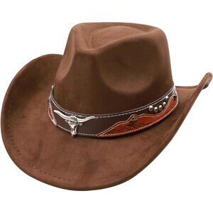 Unisex Brown100% Polyester Western with Bull Skull Buckle Band Cowboy Felt Hat